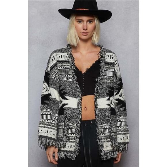 POL Sweaters - POL Open Front Geometric Print Cardigan‎ with Fringe Detail
